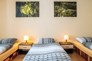 Ložnice Apartmánu: jednolůžkové postele u zdí, mezi nimi noční stolky s lampičkami, na stěně fotoobrazy z vinohradu