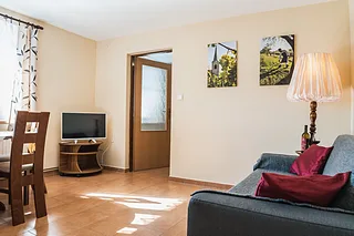 Týž obývací pokoj Apartmánu od okna, s televizí na dřevěném televizním stolku